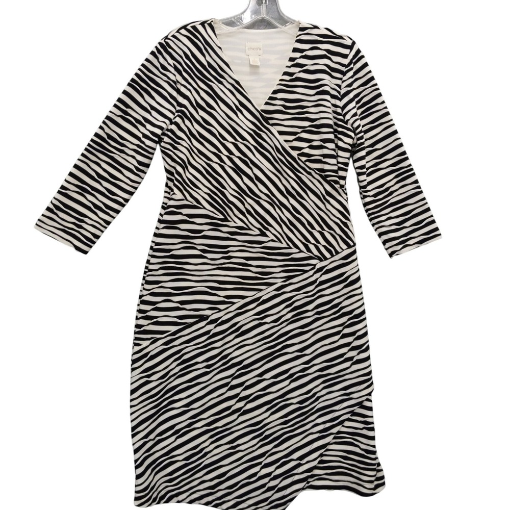 Chico's Zebra Print Faux Wrap Dress‎ 3/4 Sleeve Textured Stretch Knit Size 1